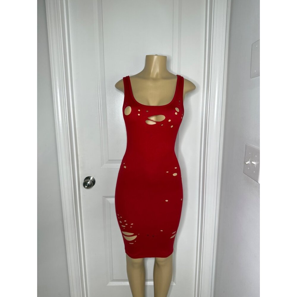 Distressed Red Sleeveless Bodycon Tank Dress With Scoop Neck